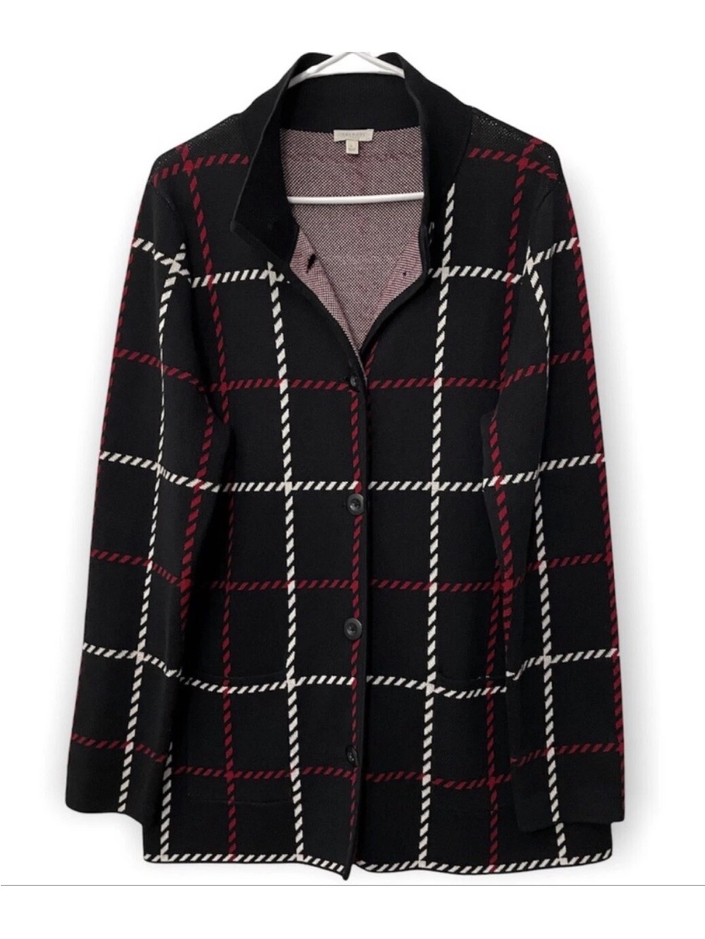 Talbots Black Plaid Button-Front Blazer with Burgundy and White Windowpane